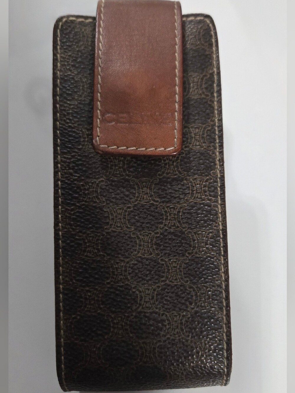 Celine Brown Patterned Leather Phone Case with Tan Strap